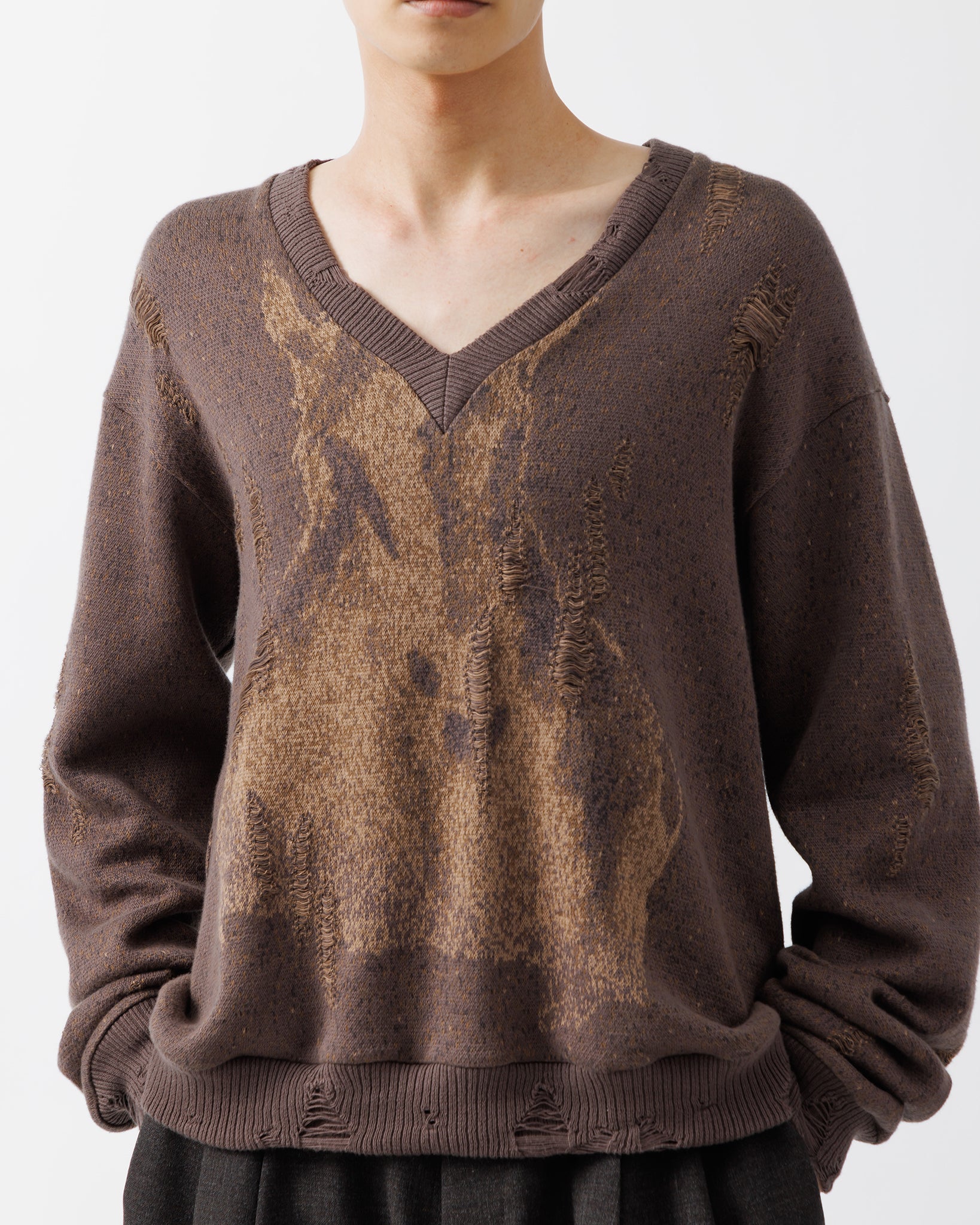 ANIMAL JACQUARD V-NECK KNIT .15【BROWN HORSE】