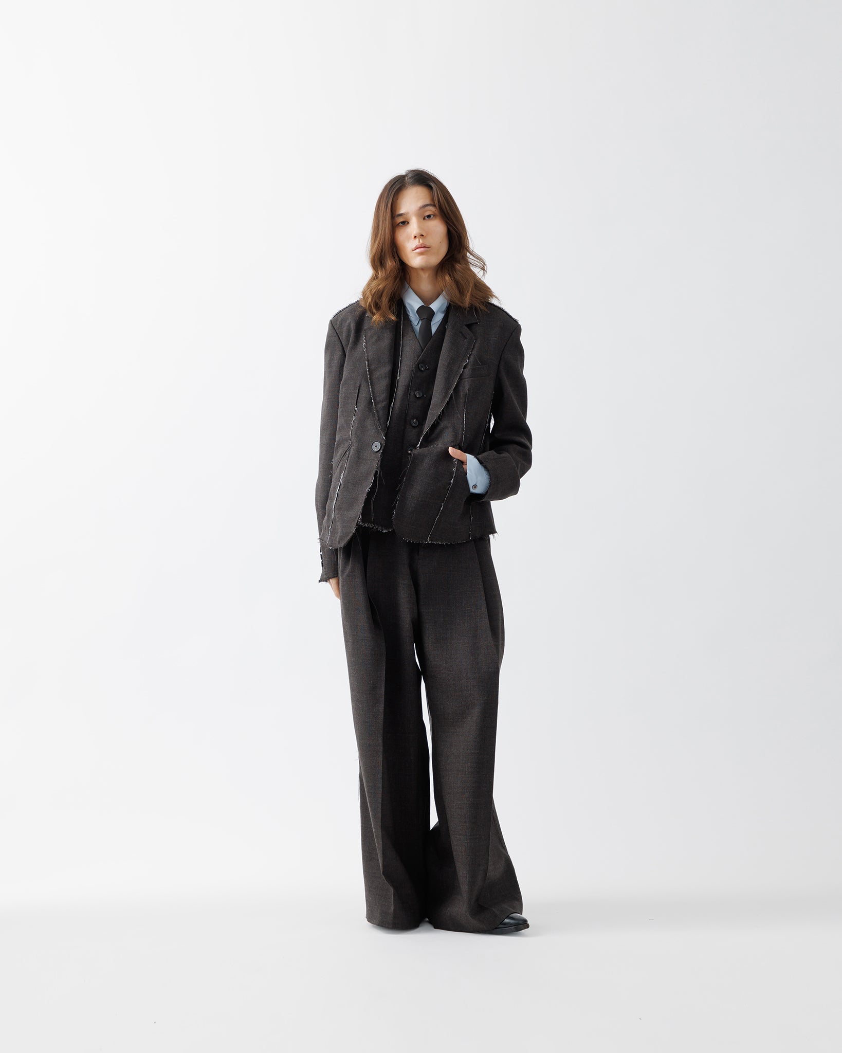 ROUGH WOOL 3TUCK BAGGY TROUSERS .15【DARK BROWN】