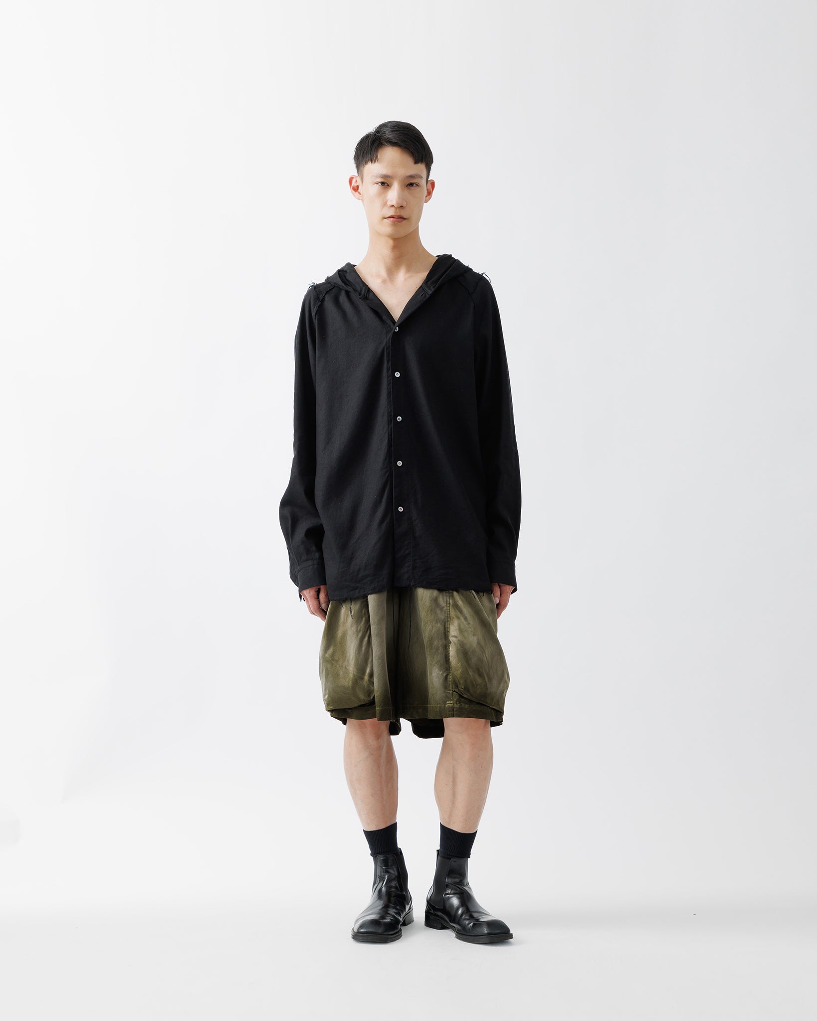 SILK LINEN HOODED SHIRT .15【BLACK】