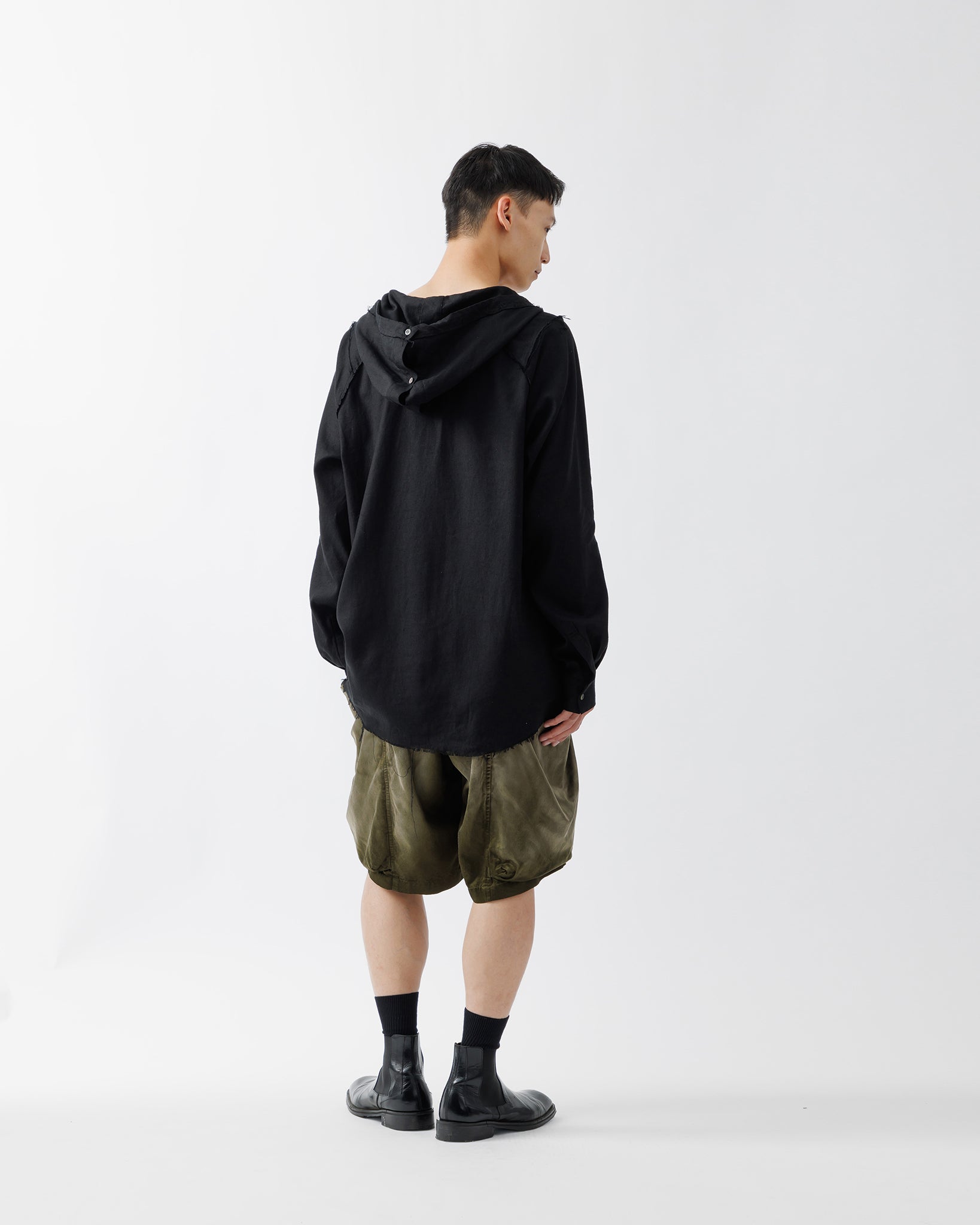 SILK LINEN HOODED SHIRT .15【BLACK】