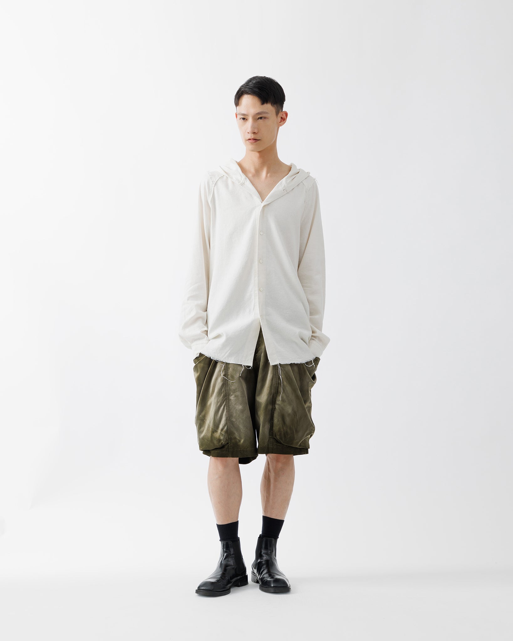 SILK LINEN HOODED SHIRT .15【OFF WHITE】