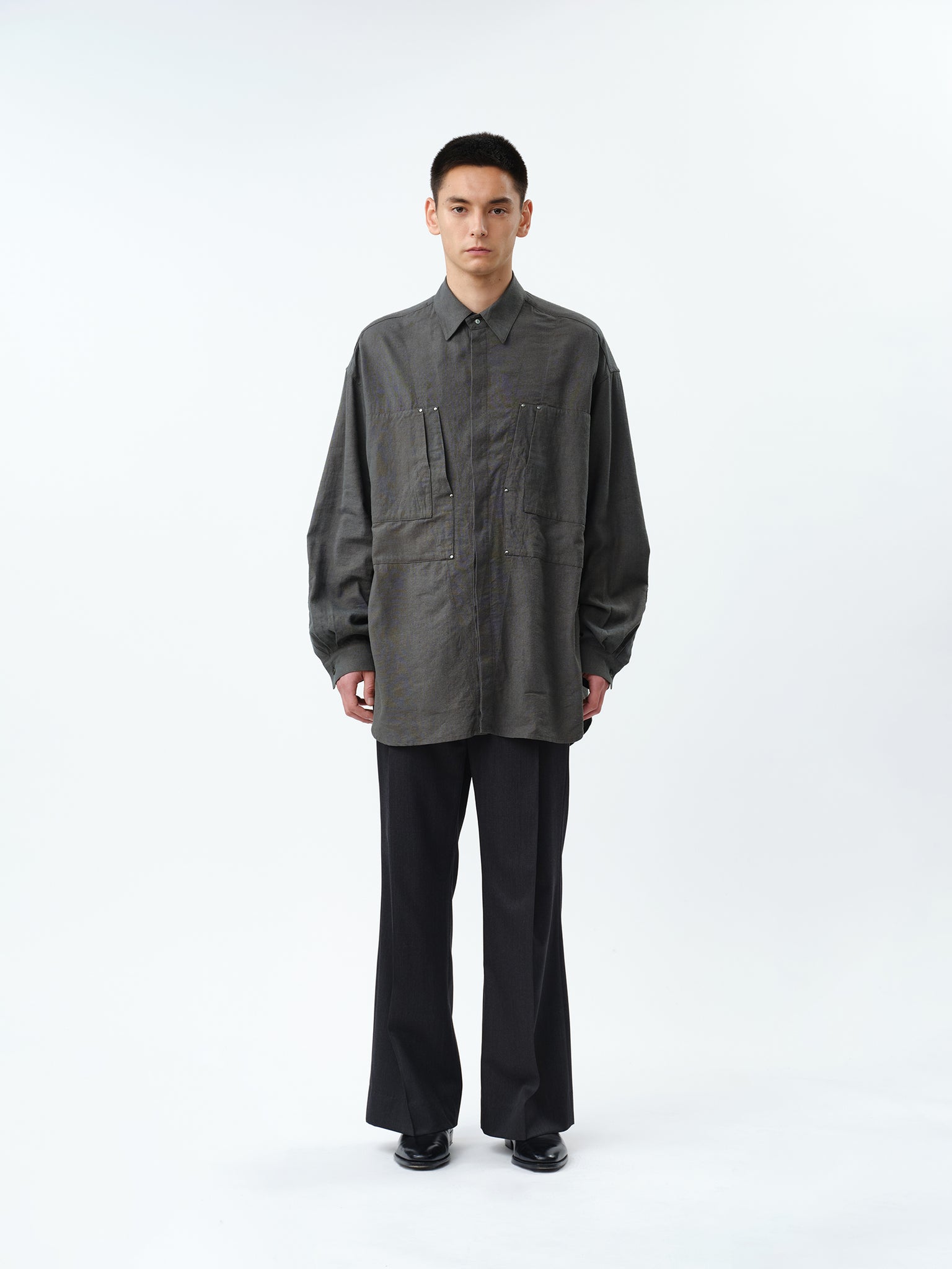 SILK LINEN OVERLAP POCKETS SHIRT .12【CHARCOAL】