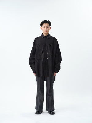 SILK LINEN OVERLAP POCKETS SHIRT .12【BLACK】